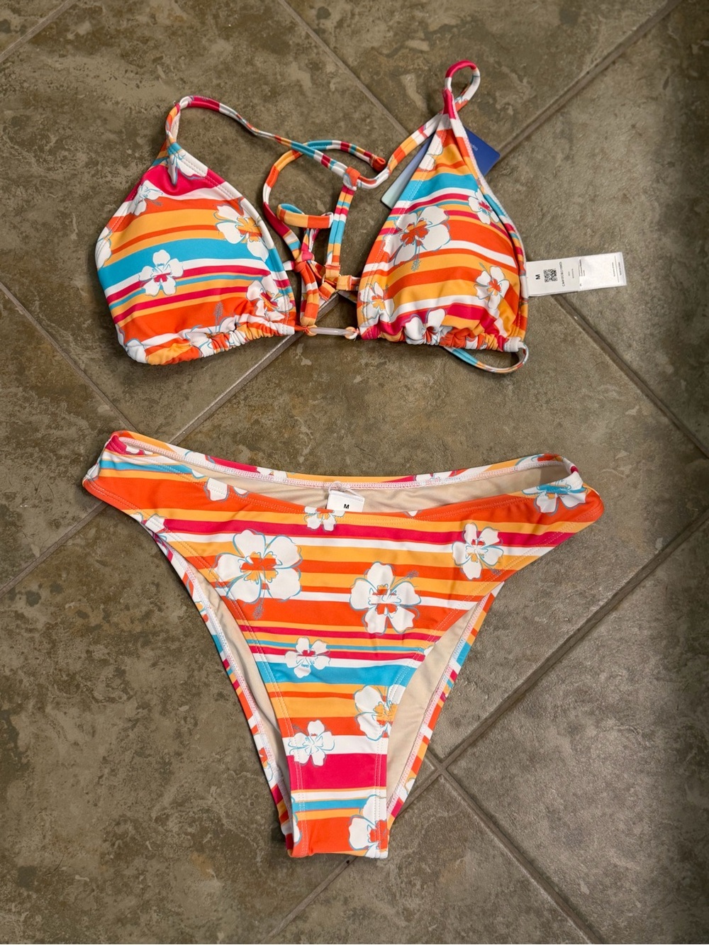 Cupshe Orange Multi-Stripe Floral Triangle Bikini